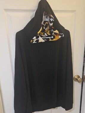 Black Hoodie with Leopard-Print Hood Lining